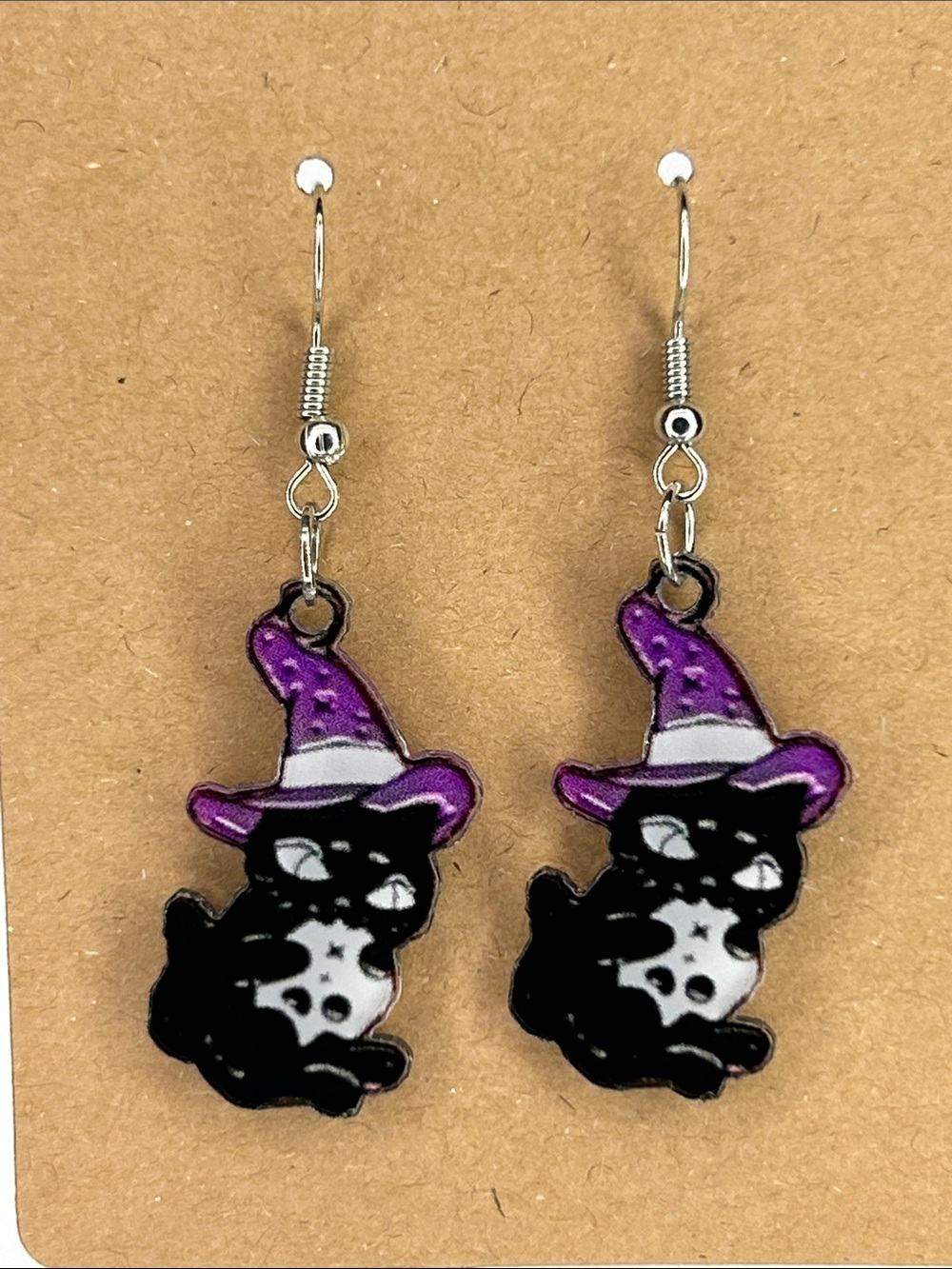 Black Cat Witch Hat Dangle Earrings - Purple & Black Halloween Fashion Jewelry